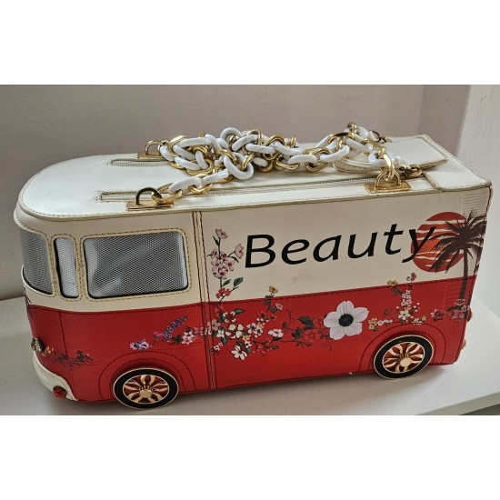 Camper Van Shaped Handbag, Red and Cream PU Leather, Chain Strap, Floral Print