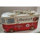 Camper Van Shaped Handbag, Red and Cream PU Leather, Chain Strap, Floral Print