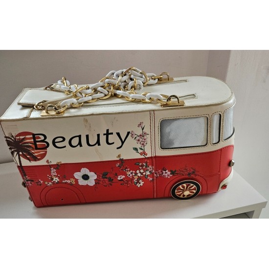 Camper Van Shaped Handbag, Red and Cream PU Leather, Chain Strap, Floral Print