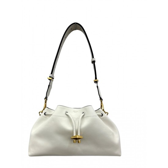 White Leather Drawstring Shoulder Bag with Wide Strap and Gold-Tone Hardware