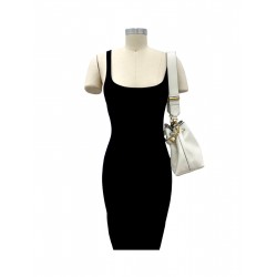 White Leather Drawstring Shoulder Bag with Wide Strap and Gold-Tone Hardware