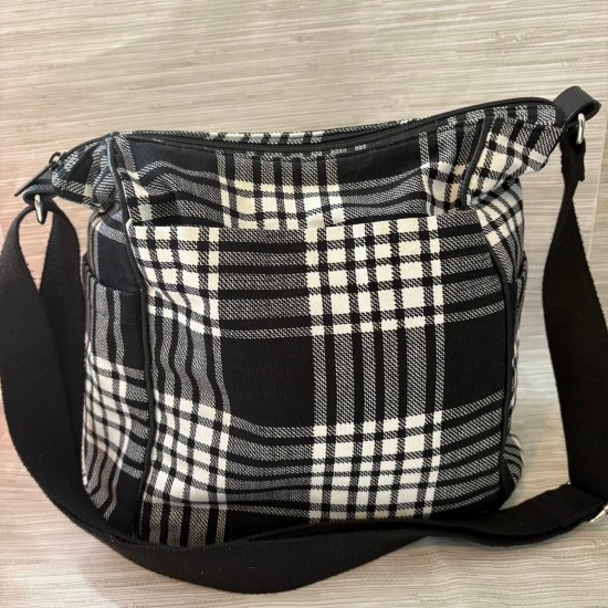 Black and White Plaid Crossbody Shoulder Bag with Zipper Closure and Front Pocket
