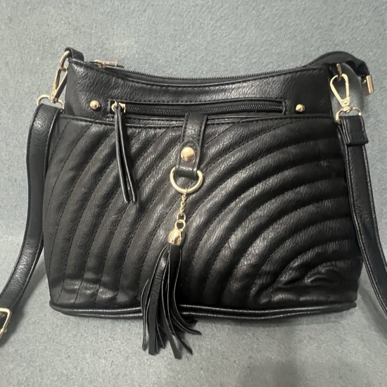 Black Quilted Faux Leather Crossbody Bag with Tassel and Zipper Pockets
