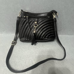Black Quilted Faux Leather Crossbody Bag with Tassel and Zipper Pockets