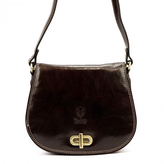 Genuine Leather Saddle Crossbody Bag, Dark Brown, Brass-Tone Turn-Lock Closure, Contrast Stitching