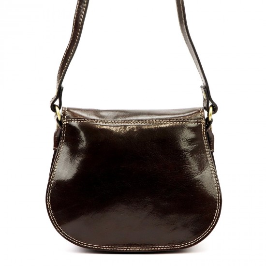 Genuine Leather Saddle Crossbody Bag, Dark Brown, Brass-Tone Turn-Lock Closure, Contrast Stitching