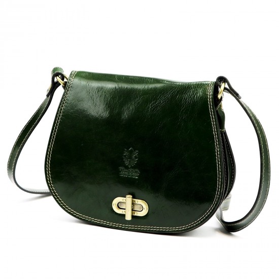 Genuine Leather Saddle Crossbody Bag, Dark Green, Brass-Tone Turn-Lock Closure