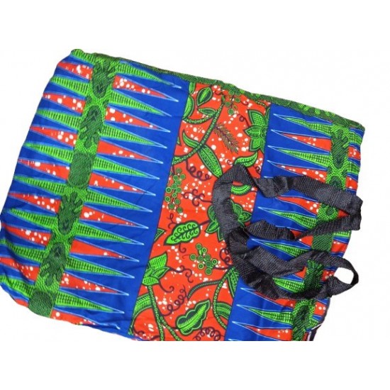 African Print Tote Bag with Zipper Closure and Inner Pocket, Multicolor Fabric, Black Handles