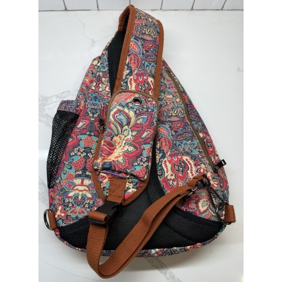 Patterned Sling Backpack, Crossbody Chest Bag with Multiple Zipper Compartments and Mesh Side Pocket