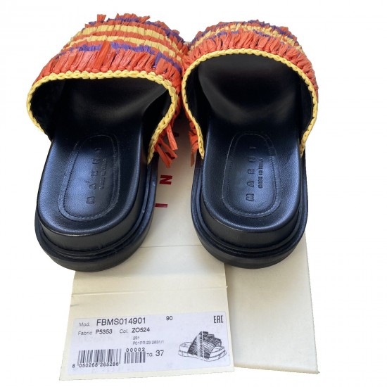 Women's Raffia Slide Sandals, Multicolor Woven Strap, Black Sole, Size 7