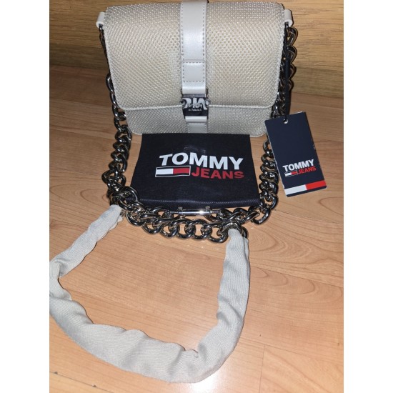 Woven Crossbody Bag, Ivory Textured Fabric, Chain Strap, Buckle Flap Closure