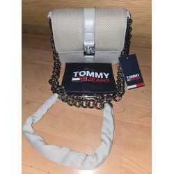Woven Crossbody Bag, Ivory Textured Fabric, Chain Strap, Buckle Flap Closure