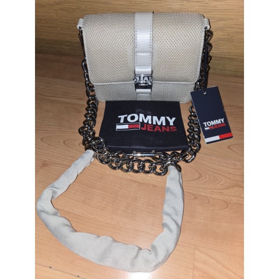 Woven Crossbody Bag, Ivory Textured Fabric, Chain Strap, Buckle Flap Closure