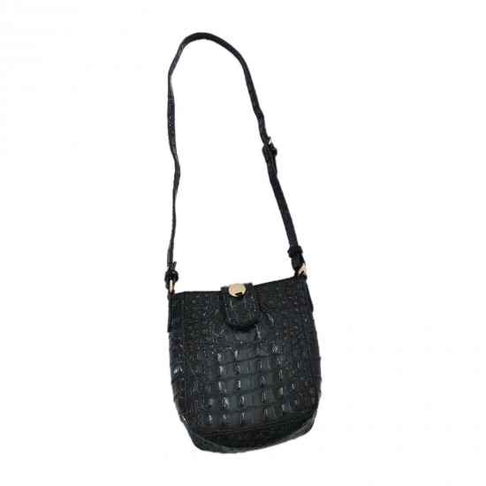 Black Crocodile-Embossed Crossbody Bag, Faux Leather, 8 x 7 Inches, Shoulder Strap