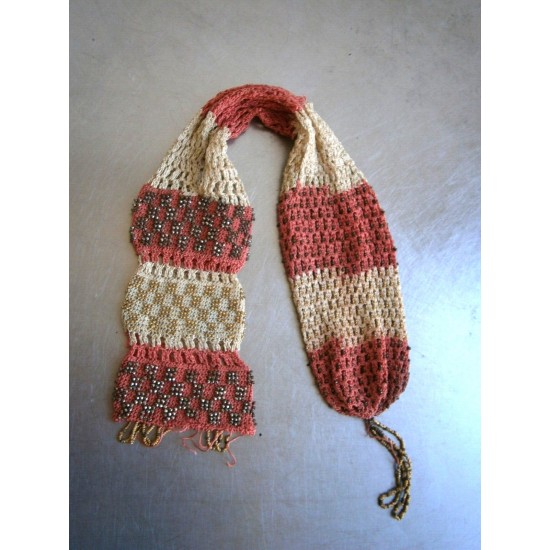 Vintage Knit Beaded Coin Purse, Coral and Cream, Metal Chain Strap