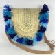 Woven Straw Crossbody Bag with Leather Strap and Blue Tassel Fringe