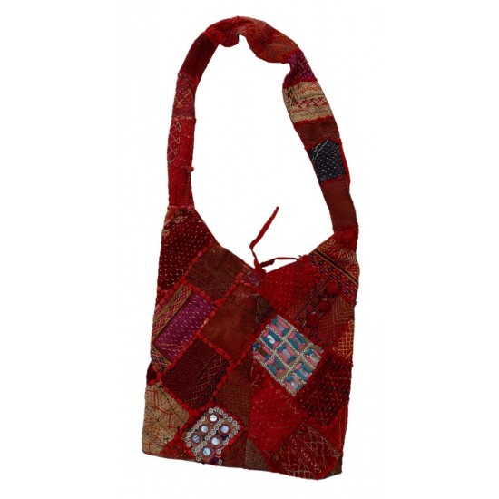 Handcrafted Patchwork Shoulder Bag, Red Multicolor Embroidered Textile, Crossbody Strap