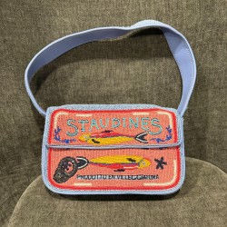 Beaded Shoulder Bag, Pink with Light Blue Trim and Fish Motif