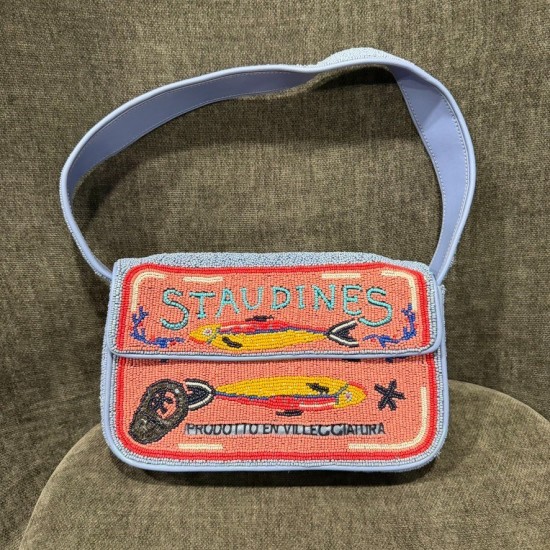 Beaded Shoulder Bag, Pink with Light Blue Trim and Fish Motif