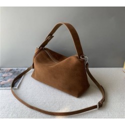 Brown Suede Baguette Shoulder Bag with Zipper and Detachable Strap