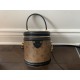 Cylindrical Canvas Handbag, Brown Print, Black Trim, Top Handle, Shoulder Strap