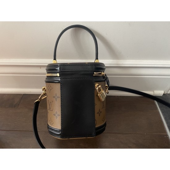 Cylindrical Canvas Handbag, Brown Print, Black Trim, Top Handle, Shoulder Strap