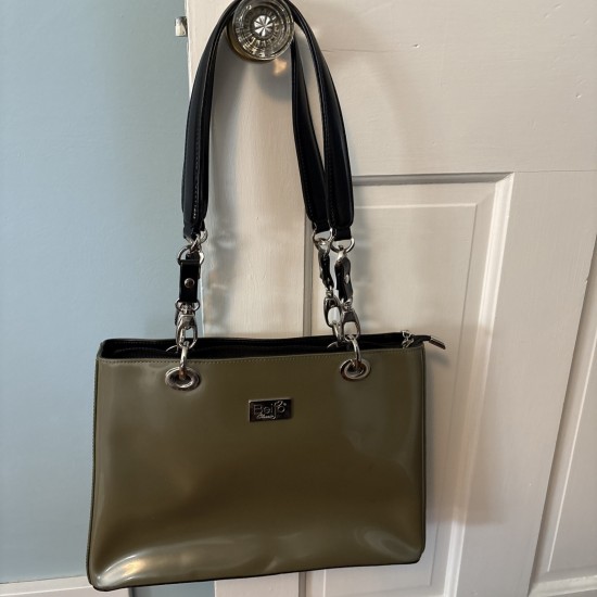 Large Olive Green Patent Tote Bag with Two Black Straps and Silver Hardware
