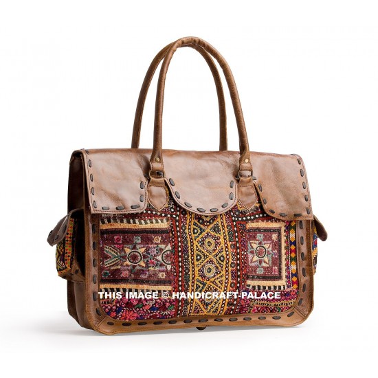 Vintage Leather Embroidered Satchel Handbag, Brown Multicolor, Top Handle, Flap Closure