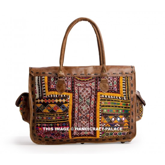 Vintage Leather Embroidered Satchel Handbag, Brown Multicolor, Top Handle, Flap Closure