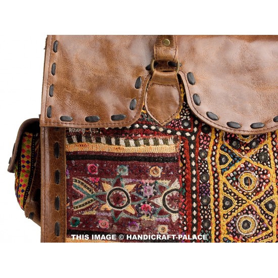 Vintage Leather Embroidered Satchel Handbag, Brown Multicolor, Top Handle, Flap Closure