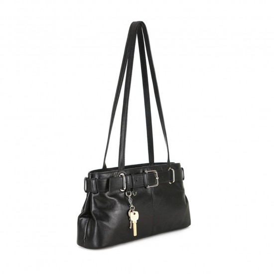 Black Leather Shoulder Tote Bag with Buckle Detail and Long Straps