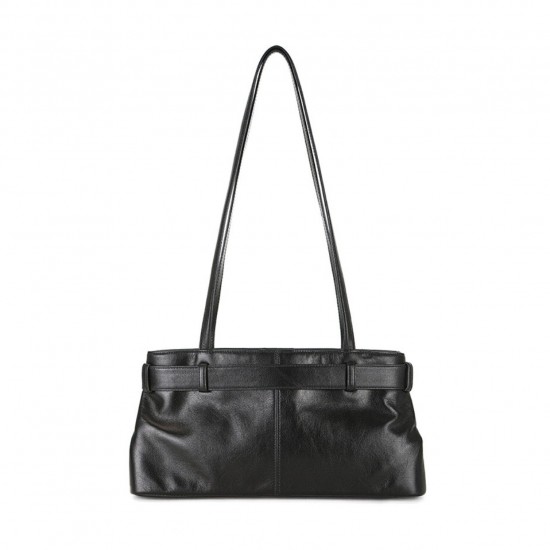 Black Leather Shoulder Tote Bag with Buckle Detail and Long Straps