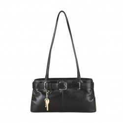 Black Leather Shoulder Tote Bag with Buckle Detail and Long Straps
