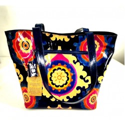Genuine Leather Floral Print Tote Bag, Multicolor Shoulder Handbag with Zipper Pocket