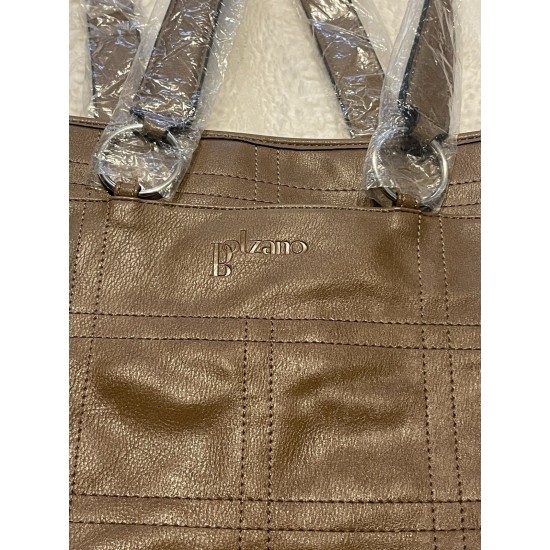Brown Faux Leather Tote Shoulder Bag with Ring Hardware and Stitched Panel Design