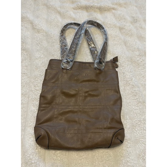 Brown Faux Leather Tote Shoulder Bag with Ring Hardware and Stitched Panel Design