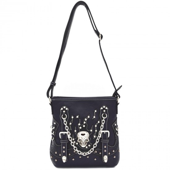 Black Skull Crossbody Shoulder Bag with Studded Chain Accents and Faux Leather Finish