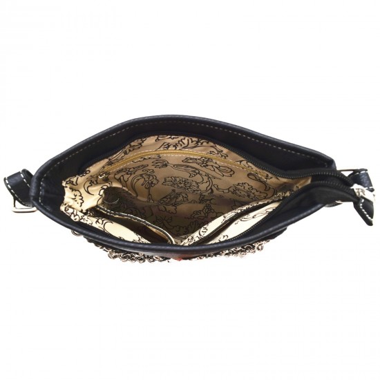 Black Skull Crossbody Shoulder Bag with Studded Chain Accents and Faux Leather Finish