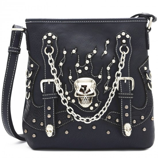 Black Skull Crossbody Shoulder Bag with Studded Chain Accents and Faux Leather Finish