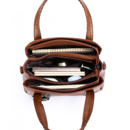 Brown Faux Leather Tote Shoulder Bag with Braided Handles and Tassel Charm