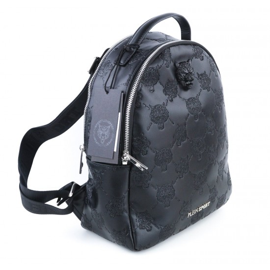 Black Embossed Faux Leather Backpack with Top Handle and Zip Pockets