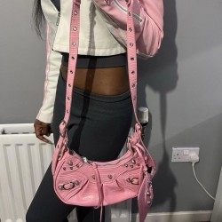 Pink Faux Leather Shoulder Bag with Studded Details and Multiple Zipper Pockets