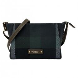 Black Plaid Canvas Shoulder Bag with Brown Faux Leather Strap and Trim