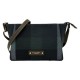 Black Plaid Canvas Shoulder Bag with Brown Faux Leather Strap and Trim