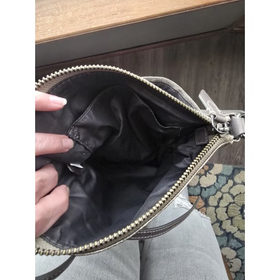 Silver Metallic Crossbody Bag, Zippered Compartments, Shoulder Strap