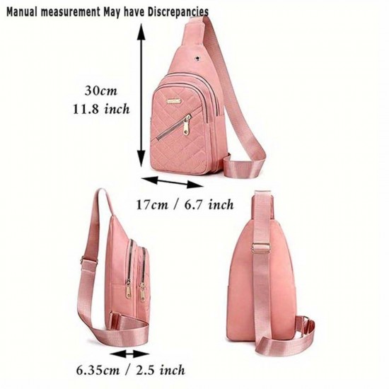Purple Quilted Nylon Sling Bag with Multiple Zipper Pockets and Strap