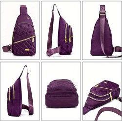 Purple Quilted Nylon Sling Bag with Multiple Zipper Pockets and Strap