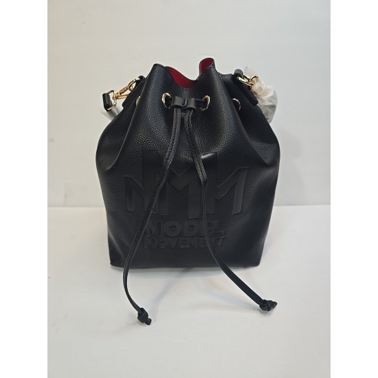 Black Faux Leather Drawstring Bucket Handbag with Two Straps and Wristlet