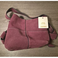 Suede Leather Shoulder Bag, Burgundy, Wide Strap, Stitched Detail