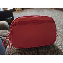 Red Zip-Top Crossbody Bag with Front Pocket and Wrist Strap